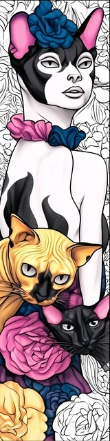 Free colorable bookmarks of a person surrounded by cats